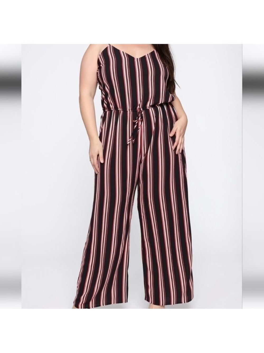 AMBIANCE STRIPED JUMPSUIT Sz: SMALL red black striped bubble crepe wide leg